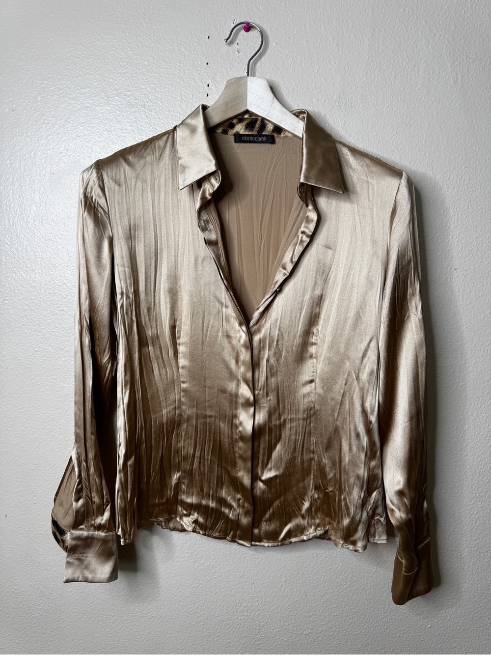 Roberto Cavalli Silk Blouse Women’s 44 Gold Champagne Animal Print Luxury Y2K
